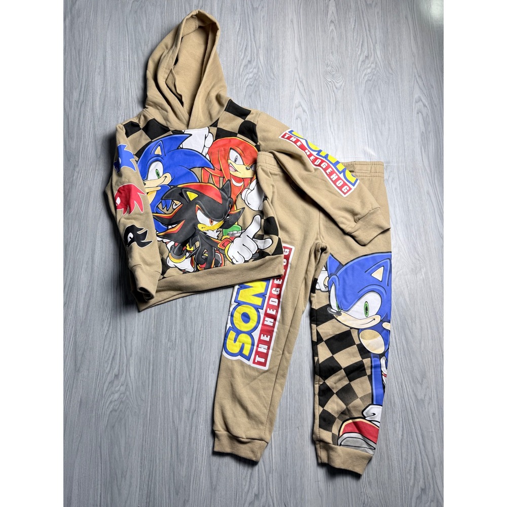 Sonic The Hedgehog Kids Tan Graphic Hoodie and Joggers Tracksuit Set Size 4/5